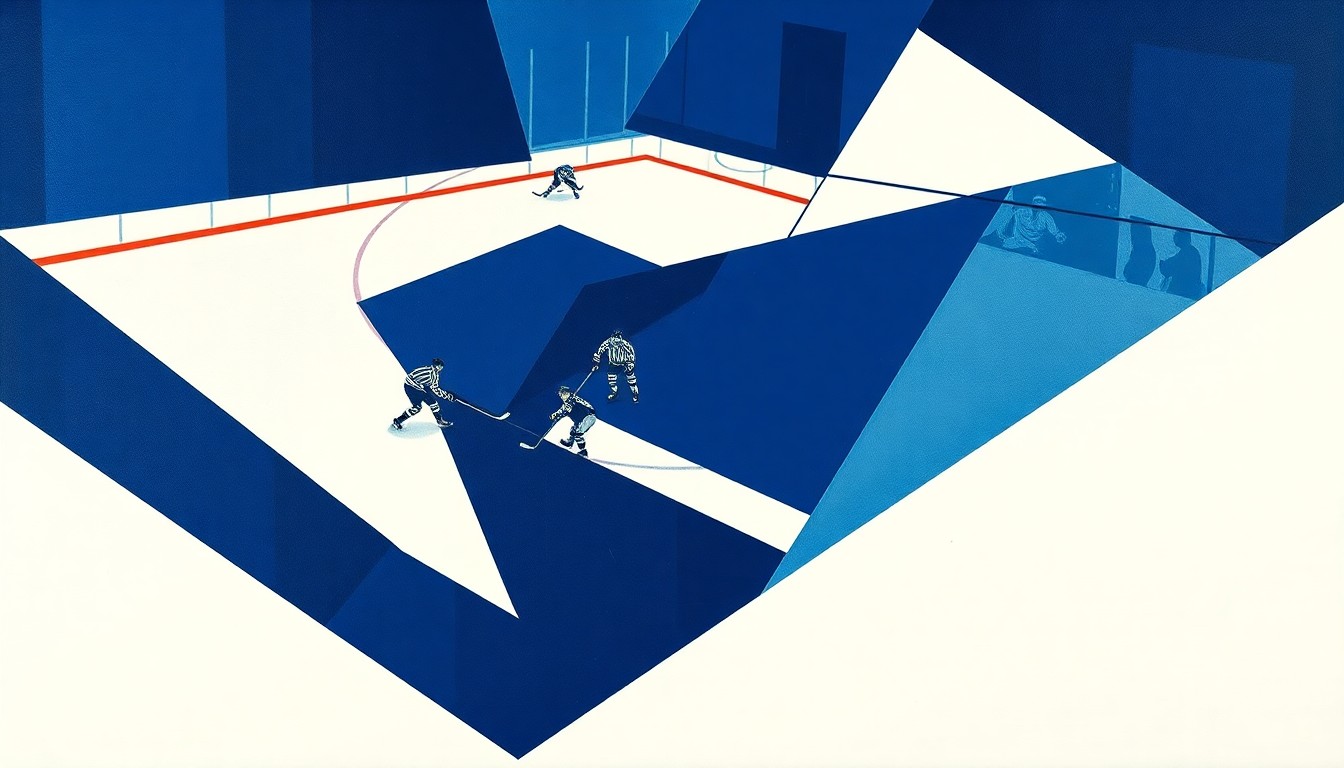 A cubist, geometric painting depicting a hockey game or match, with sharp, overlapping planes of navy blue, royal blue, and white, conveying the analytical, strategic nature of the Islanders' new coaching approach.