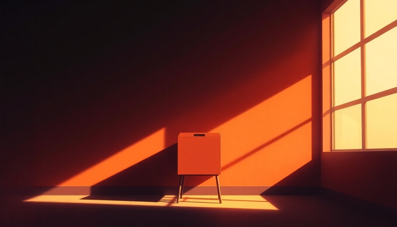A serene, photorealistic painting of a lone ballot box or voting booth set against a warm, sunlit urban backdrop, conveying a sense of civic duty and the quiet importance of the democratic process.