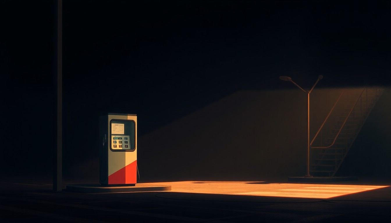 A serene, nostalgic painting of a lone gas pump in a shadowy urban setting, with warm sunlight casting dramatic diagonal shadows, conceptually representing the financial burden of rising fuel costs on local communities.
