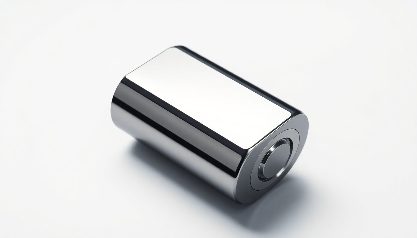 A highly detailed, photorealistic studio photograph of a sleek, metallic battery cell floating against a clean white background, using dramatic lighting and shadows to convey a sense of premium quality and corporate strategy.