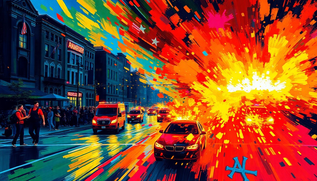 An abstract, expressionist painting in neon colors depicting the chaotic scene of fires, crowds, and emergency vehicles during the late-night celebrations in Ann Arbor following Michigan's NCAA championship win.