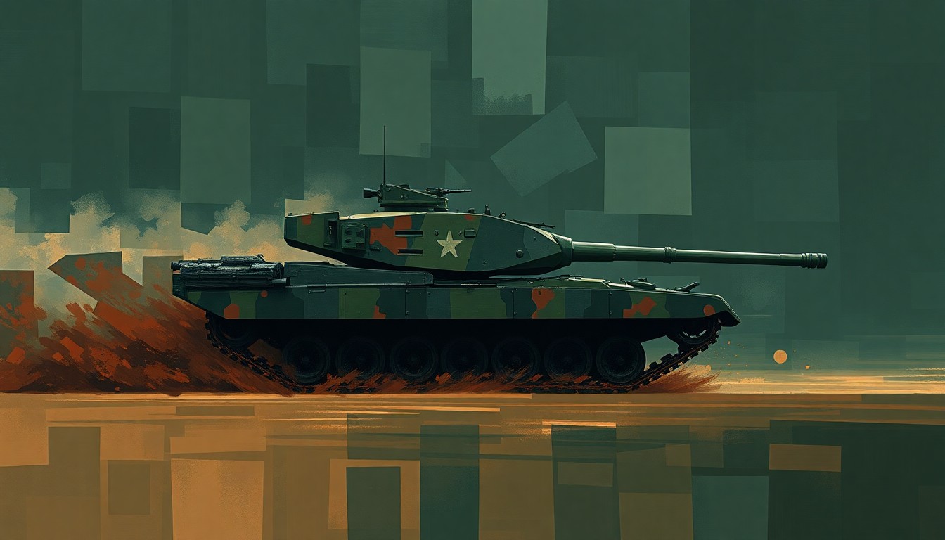 A fractured, abstract painting of a military vehicle in motion, with overlapping geometric shapes in dark green, navy, and rust colors, conveying a sense of chaos and instability around the political scandal.