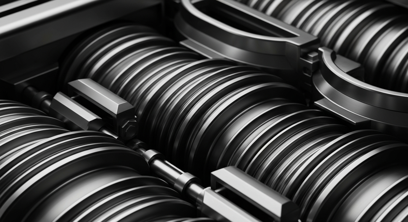 An extreme close-up of intricate, industrial-looking banking equipment and mechanisms, conveying the behind-the-scenes financial machinations that impact major technology companies.