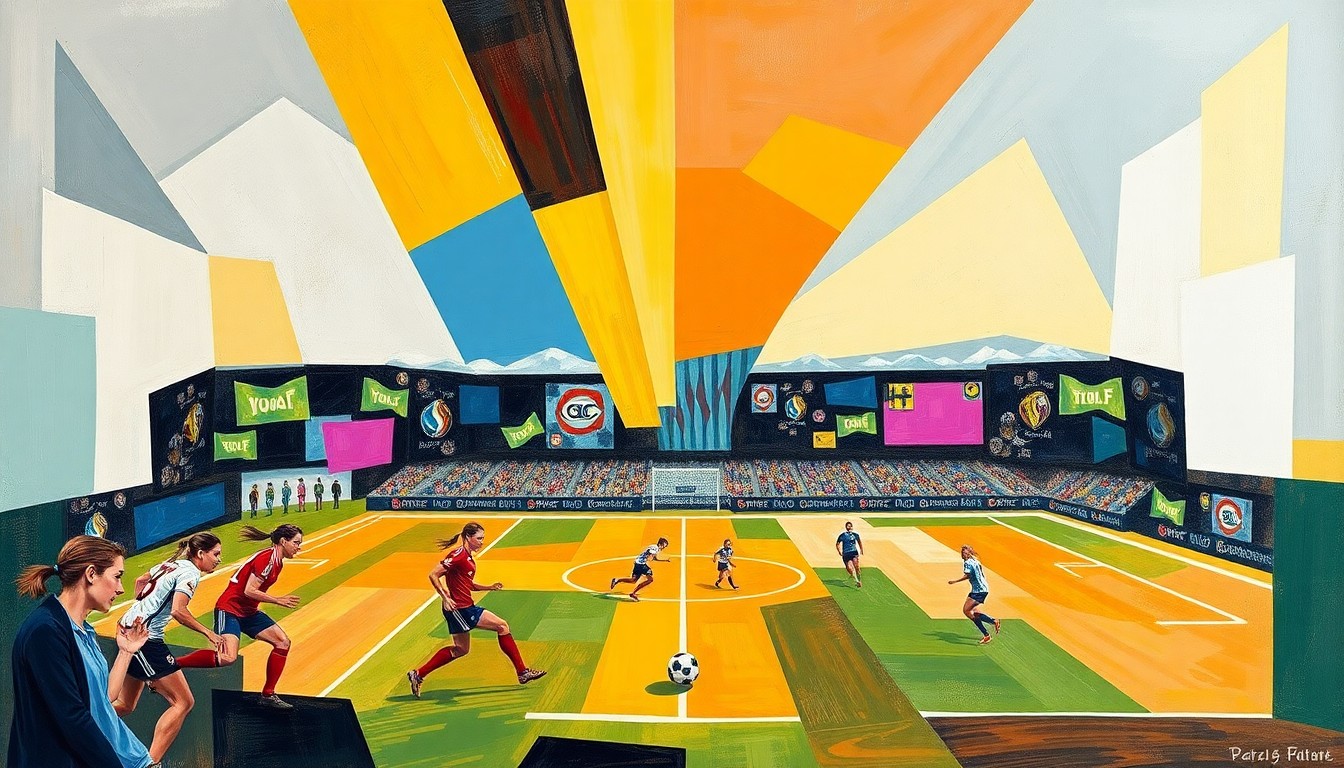 A cubist, geometric painting depicting a women's soccer match, with players and the field broken down into overlapping angular shapes and planes in a vibrant color palette.