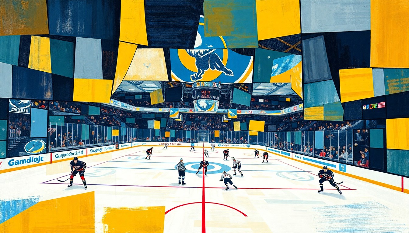 A cubist, geometric painting depicting a hockey game in fragmented, overlapping planes of color and shape, conveying the intensity and back-and-forth action of the pivotal matchup between the two division rivals.