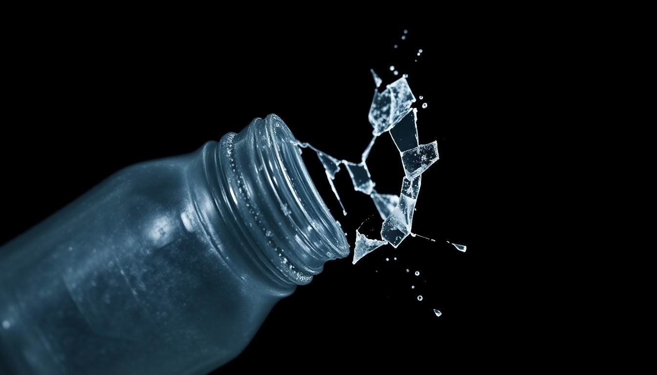 An extreme close-up photograph of a shattered water bottle lens against a pitch-black background, lit by a harsh, direct camera flash, creating a stark, gritty, investigative aesthetic that captures the violence of the incident without depicting any actual harm.