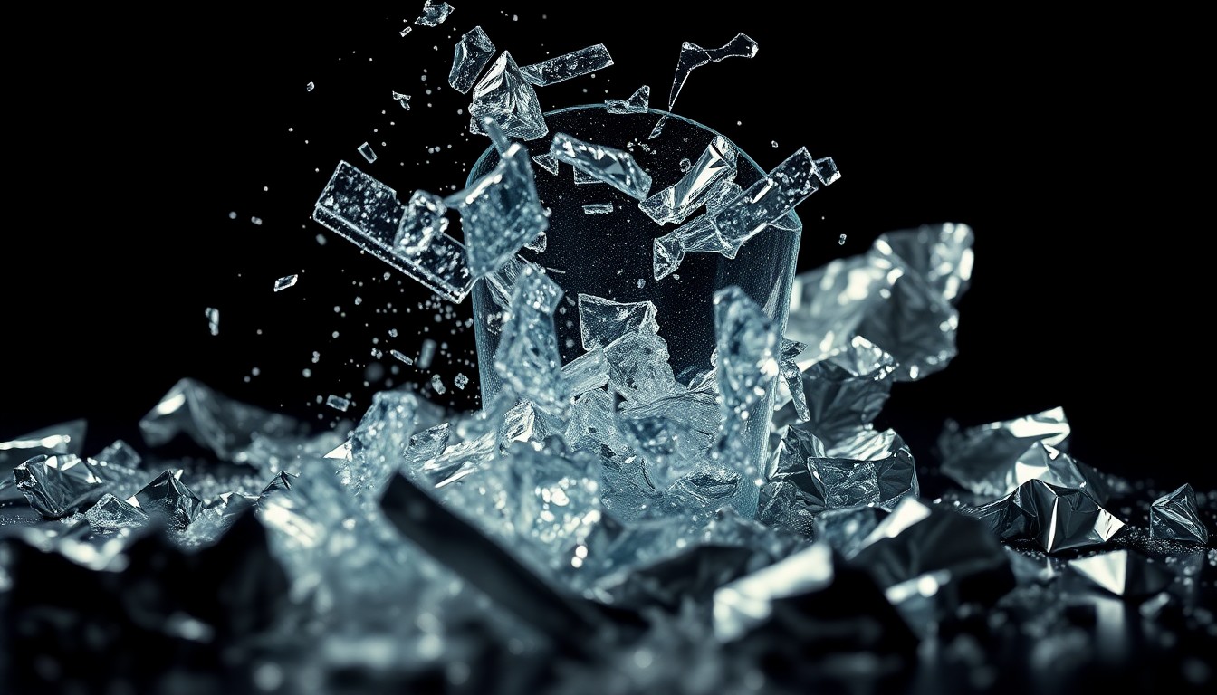 An abstract close-up photograph showing shattered glass and crumpled metallic foil in high-contrast studio lighting, conveying a sense of disruption and crisis.