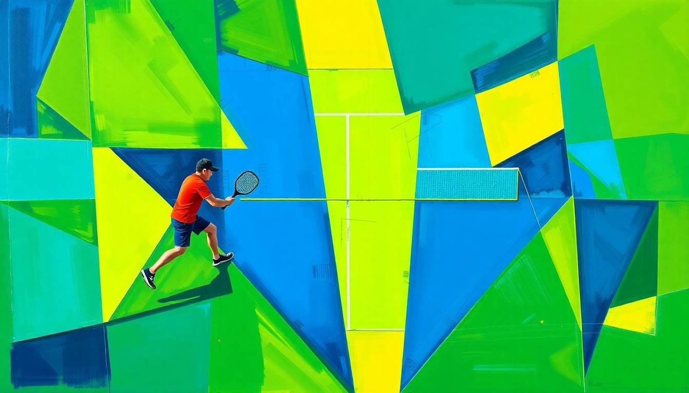 A cubist, geometric painting depicting a fragmented pickleball game, with overlapping planes of vibrant green, blue, and yellow colors.