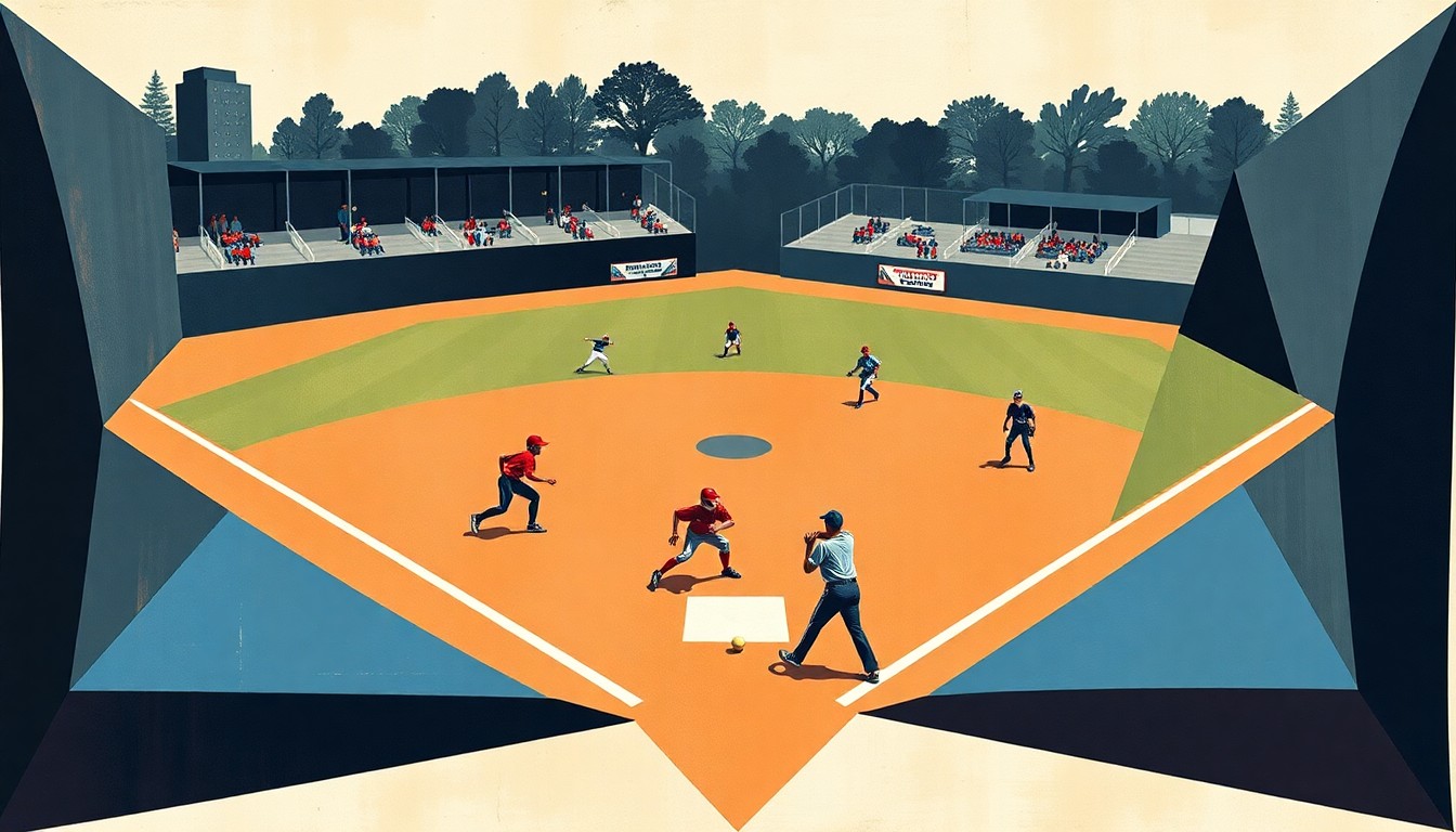 A cubist-style painting depicting a high school softball game, with the players' movements and the field's layout broken down into abstract geometric shapes and planes in the team colors of Albertus Magnus and Nanuet.