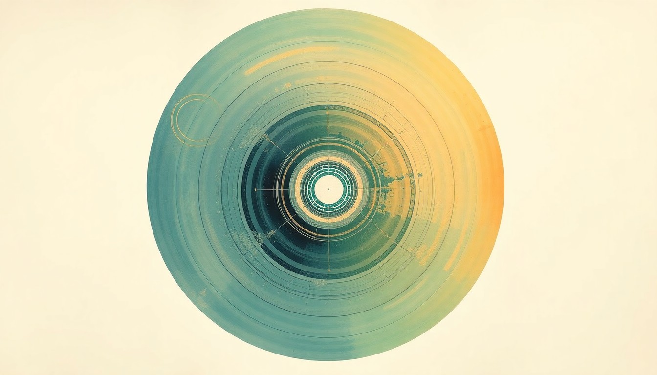 A bold, abstract painting in soft blues, greens, and grays depicts sweeping geometric arcs, concentric circles, and precise spirals, conceptually representing the complex scientific principles behind the sonogenetics technology.