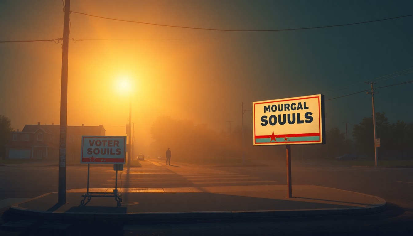 A serene, photorealistic painting of a lone campaign sign on a city street, with warm sunlight casting deep shadows across the scene, capturing the quiet contemplation of the political process.