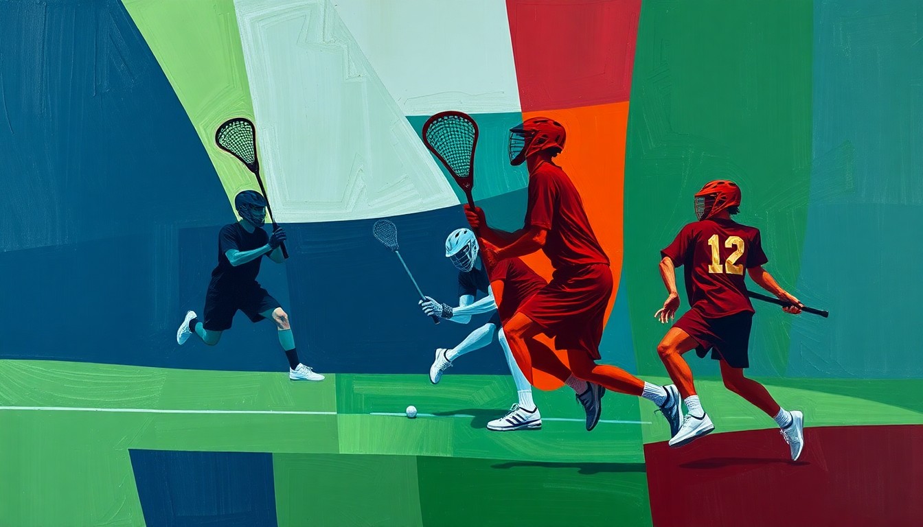 A cubist, geometric painting depicting a boys lacrosse game, with overlapping planes of navy, green, and red conveying the sport's dynamic energy and competitive spirit.