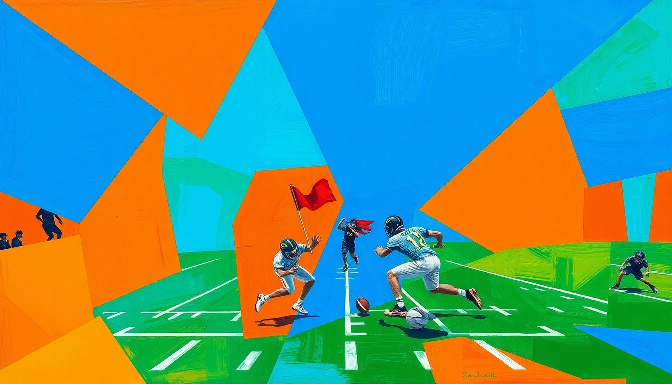 A fractured, multi-perspective painting featuring overlapping geometric shapes in bright colors, conceptually representing the action and energy of a high school flag football championship game.
