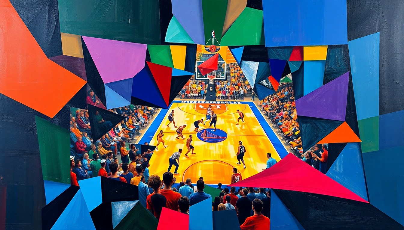 A cubist, geometric painting depicting an NBA basketball game in motion, with sharp, overlapping shapes and planes in the teams' official colors, conveying the intensity and drama of the high-stakes matchup.