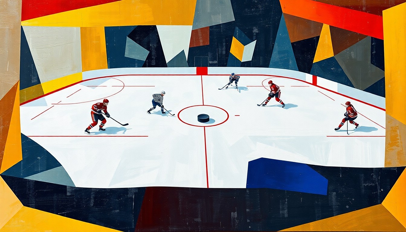 A fragmented, geometric painting depicting a hockey game, with the players and ice broken down into abstract shapes and planes of color, the puck as a central focal point.