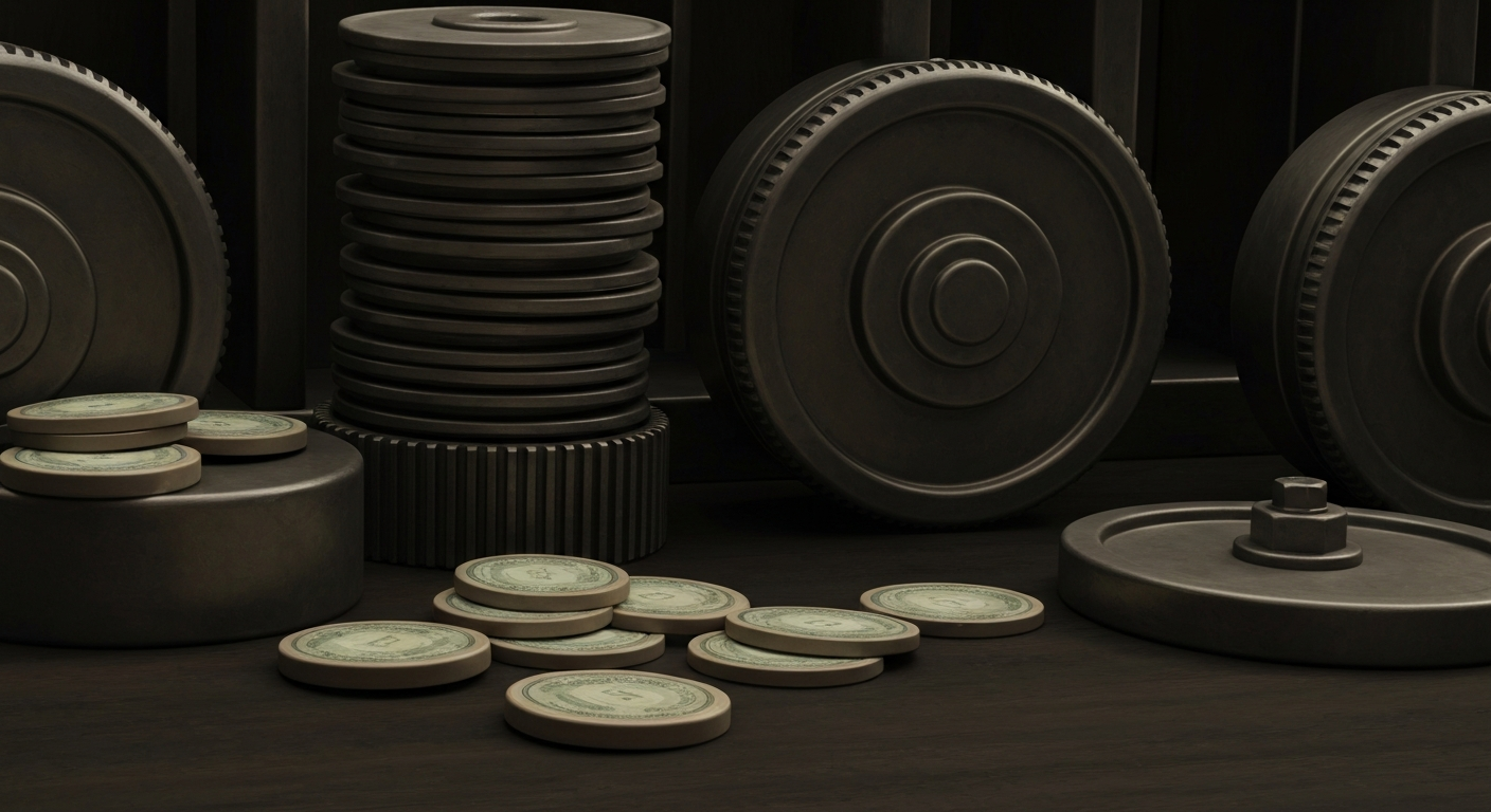 An extreme close-up of gears, levers, and other industrial machinery in muted tones, conceptually representing the complex financial mechanics underlying Bel Fuse's stock performance.