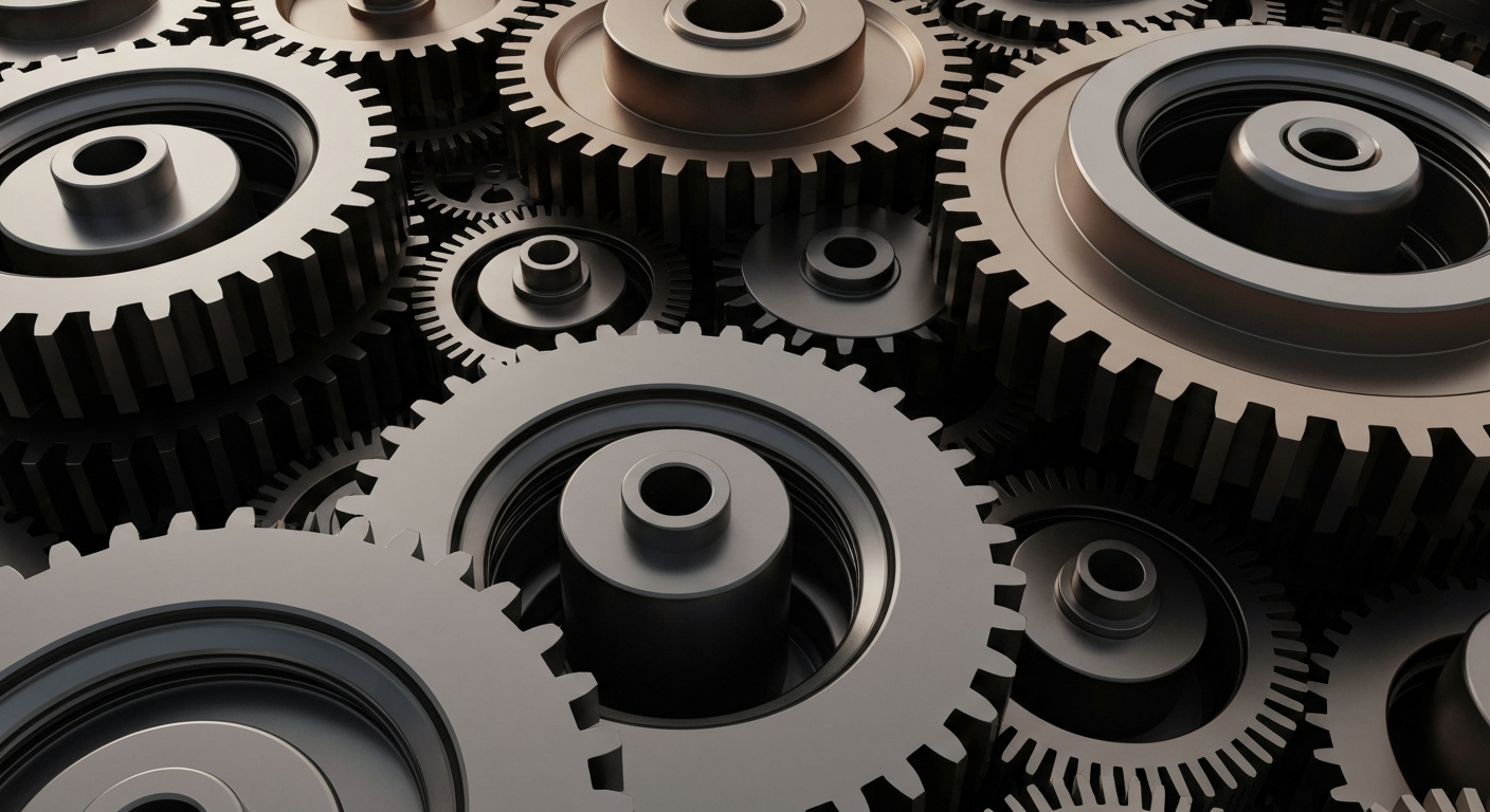 A highly detailed, cinematic close-up image of heavy, industrial banking and investment machinery in shades of steel gray, bronze, and black, conveying a sense of financial security and institutional power without using any literal financial symbols or text.