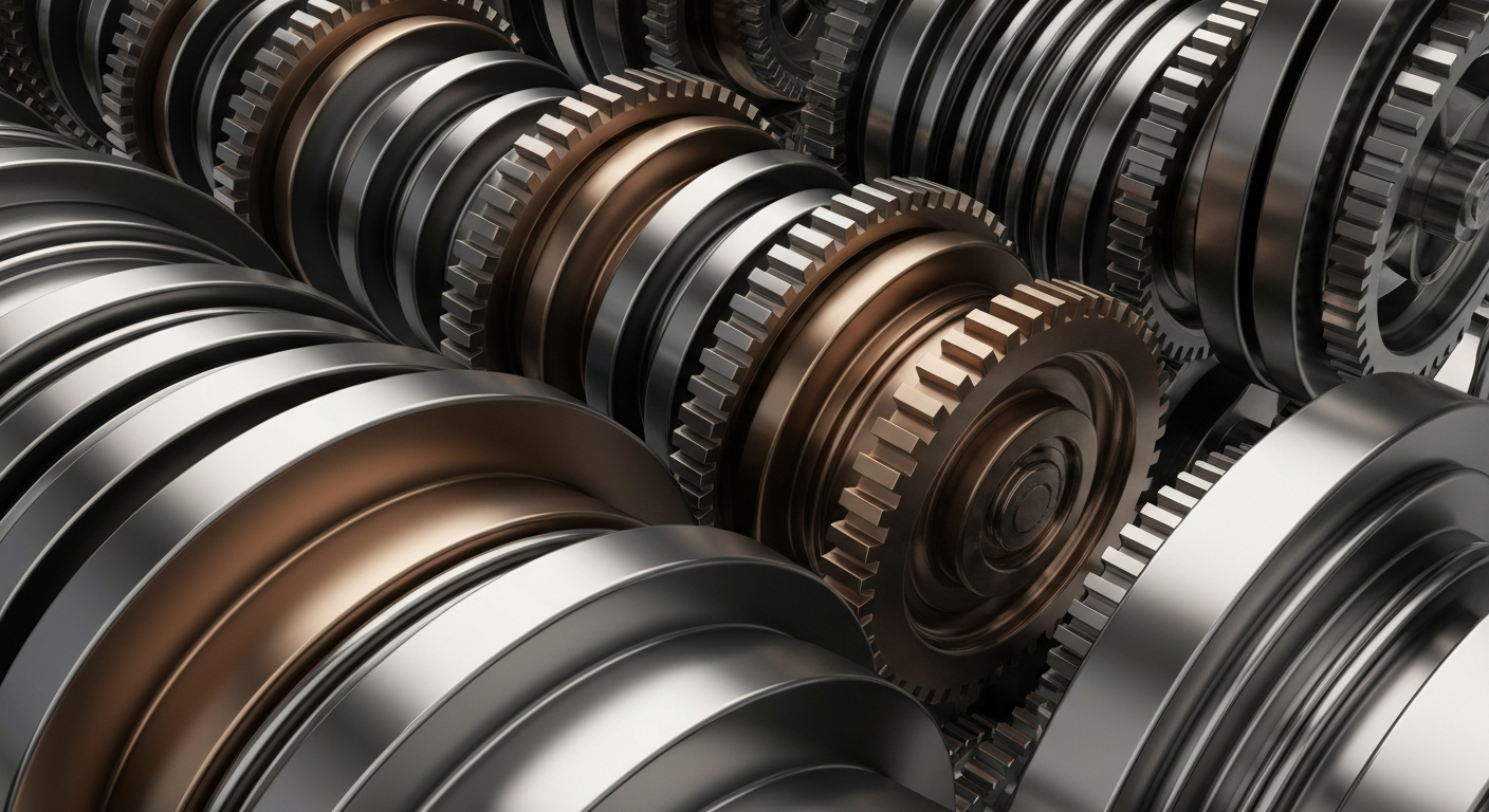 An extreme close-up of intricate, interlocking metal gears and machinery in shades of grey, bronze, and chrome, conveying the complex, powerful infrastructure of the banking industry.