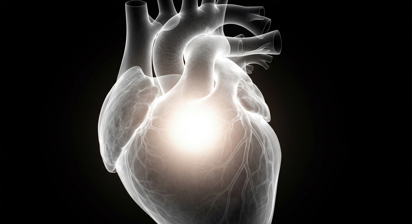 A highly detailed, translucent X-ray photograph of a human heart, its intricate structures and veins glowing against a dark background, symbolizing the holistic focus of a local wellness initiative.