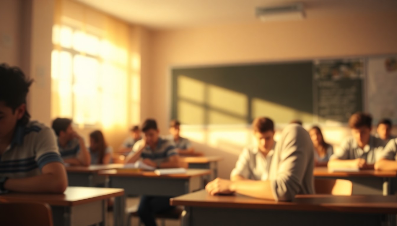 An abstract, out-of-focus photograph depicting a blurred classroom scene with warm, hazy light and color, conveying a sense of contemplation and discovery in education research.