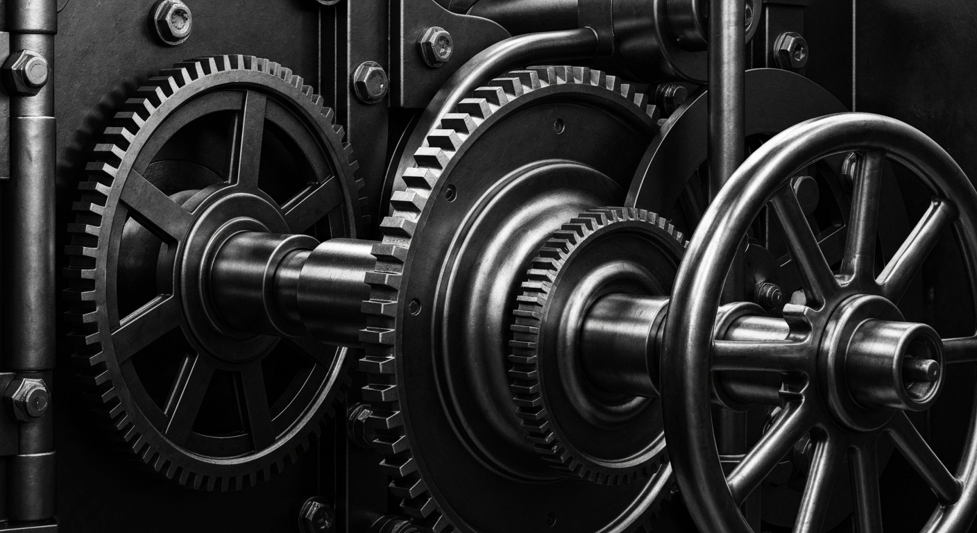 A high-contrast, cinematic close-up of the heavy, industrial machinery and gears that make up the inner workings of a bank vault, representing the financial power and stability that attracts investors to Walmart.