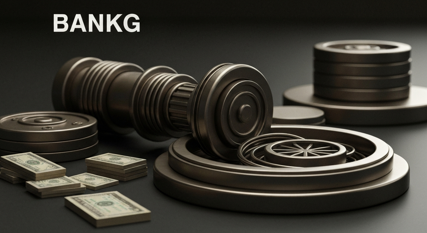 A highly detailed, black and white close-up image of the inner workings of a complex financial machine, conveying a sense of the power and stability of the banking system.