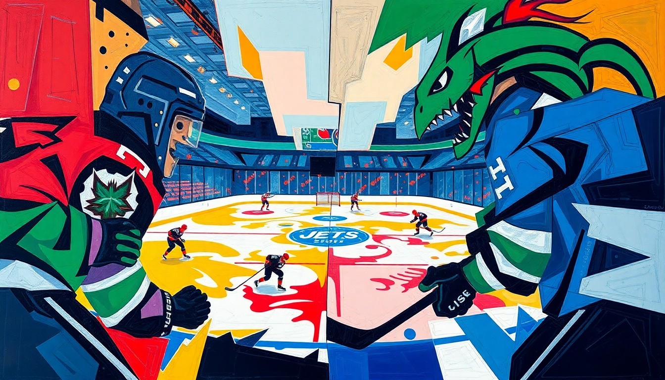 A cubist, geometric painting depicting a hockey game between the Winnipeg Jets and Seattle Kraken, with sharp, overlapping planes of color representing the players and action on the ice.