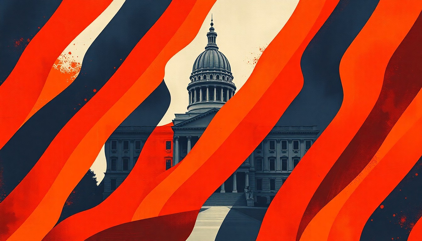 An abstract, fragmented painting depicting the Oklahoma state capitol building in shades of red, orange, and blue, conveying a sense of rushed political activity.