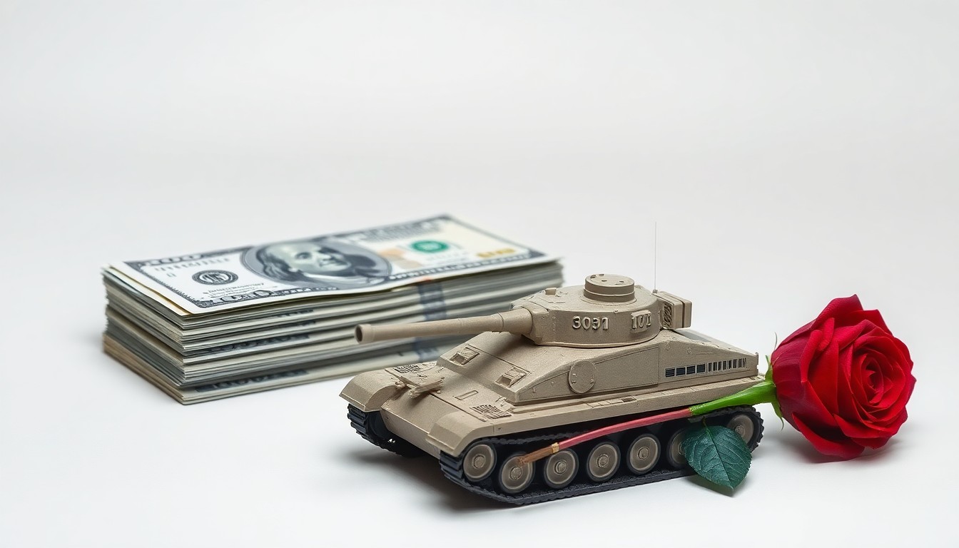 A photorealistic studio still life featuring a stack of U.S. dollar bills, a model of a military tank, and a single red rose, arranged elegantly on a clean, monochromatic background, conveying the abstract concept of economic risk and geopolitical conflict.