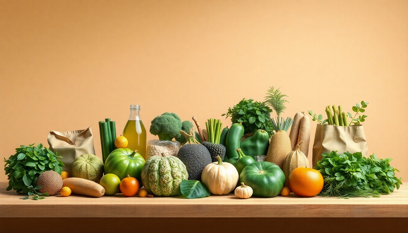 A minimalist, photorealistic studio still life featuring a collection of premium organic grocery items in earthy tones, symbolizing the quality and sustainability of a high-end supermarket.