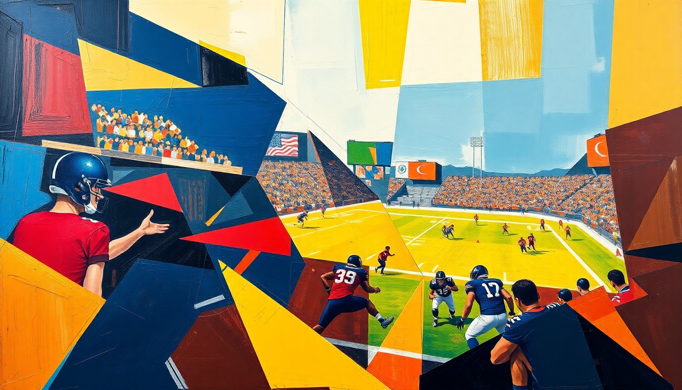 A fractured, geometric painting depicting a football training camp scene, with players and equipment broken down into sharp, overlapping planes of color.