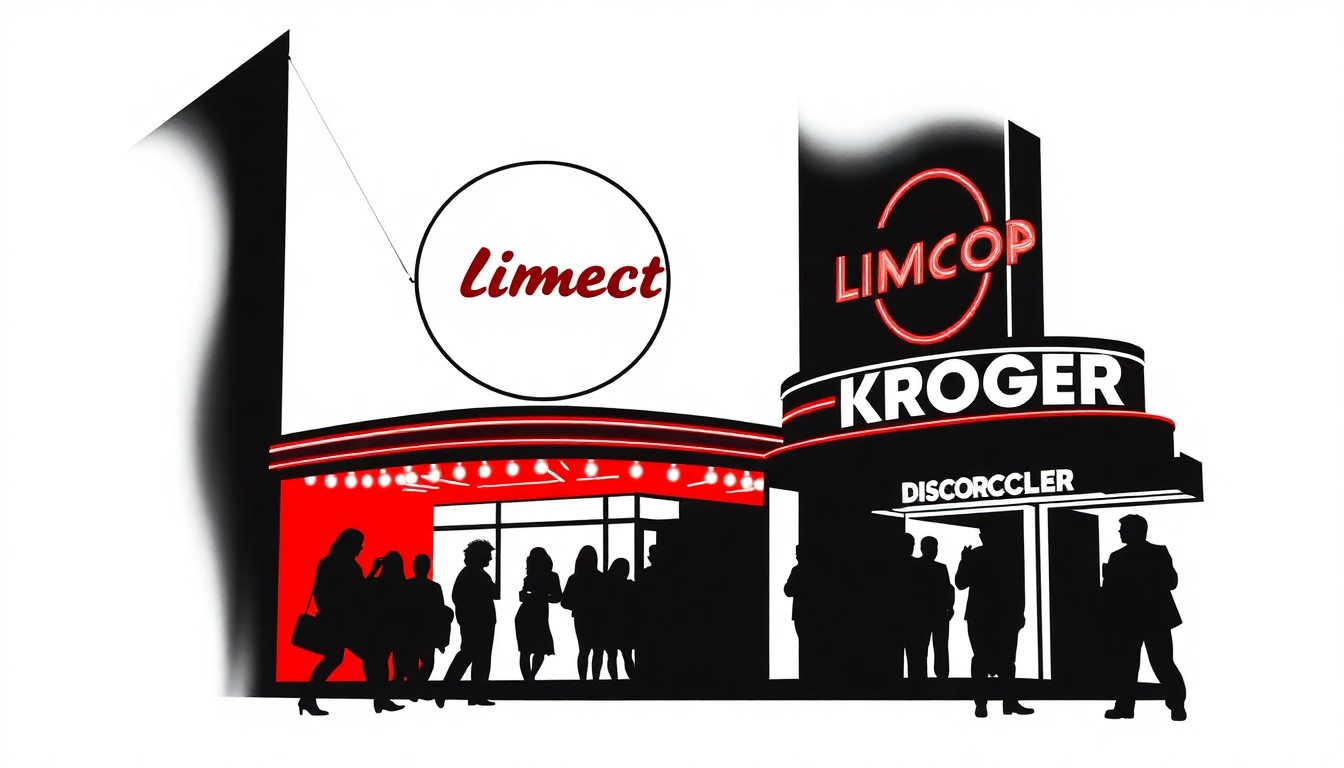An abstract, minimalist illustration featuring bold, jagged geometric shapes in high-contrast red and black, conceptually representing the iconic Limelight nightclub and its connection to the 'Disco Kroger' location.