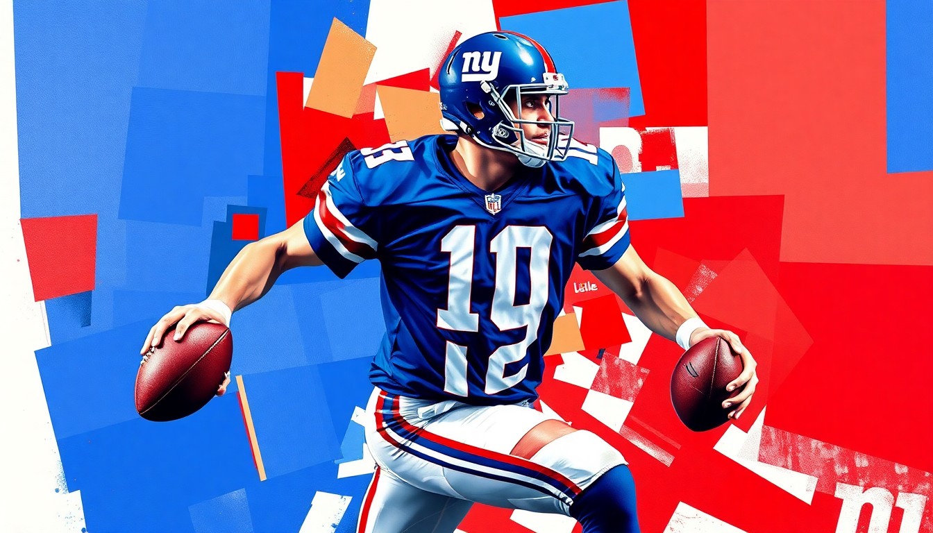 A fragmented, geometric painting depicting a football quarterback in motion, with sharp planes of blue, red, and white representing the Giants' colors and the multifaceted nature of the team's offensive plans.
