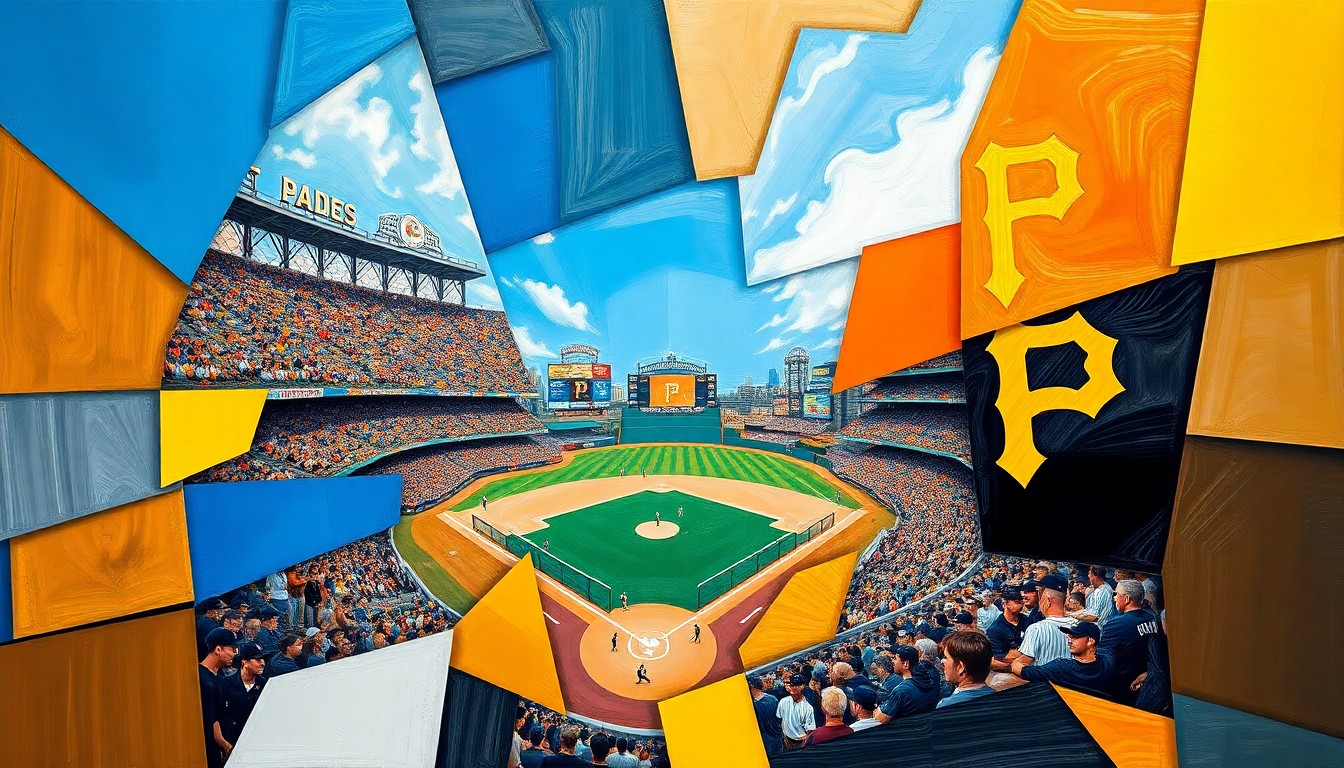 A fragmented, geometric painting depicting the dynamic action of a baseball game between the San Diego Padres and Pittsburgh Pirates, with the players and field broken down into sharp, overlapping planes of vivid blue, orange, black, and gold.