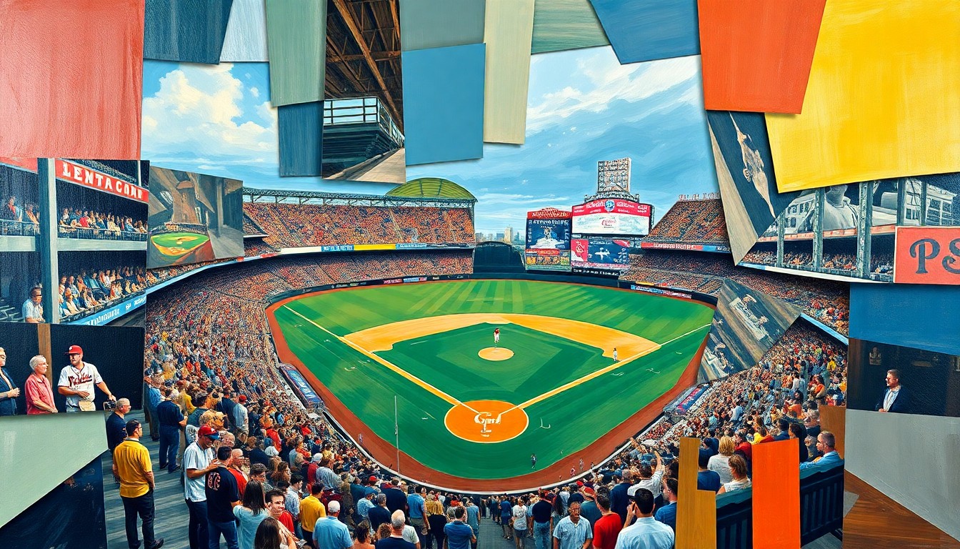 A fragmented, geometric painting depicting a baseball game in progress, with players and the field broken down into overlapping planes of color and shape, conveying the intensity and unpredictability of the matchup between the two teams.
