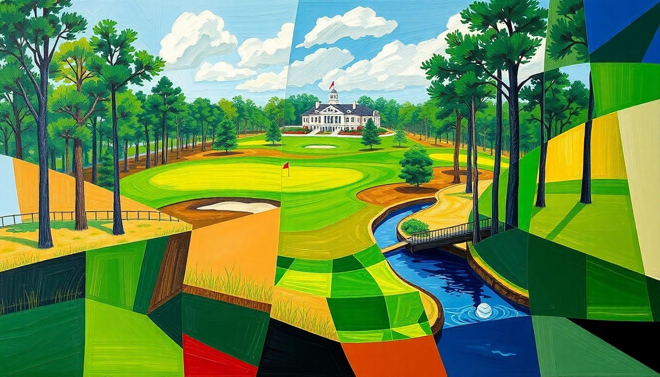 A fractured, cubist-style painting depicting the Jones Creek Golf Course and surrounding landscape, with sharp geometric planes of green fairways, brown bunkers, and blue water features, the iconic Augusta National clubhouse faintly visible in the background.