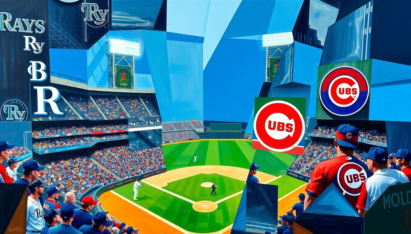 A fragmented, geometric painting depicting a baseball game between the Tampa Bay Rays and Chicago Cubs, with the players and field broken down into sharp, overlapping planes of color.