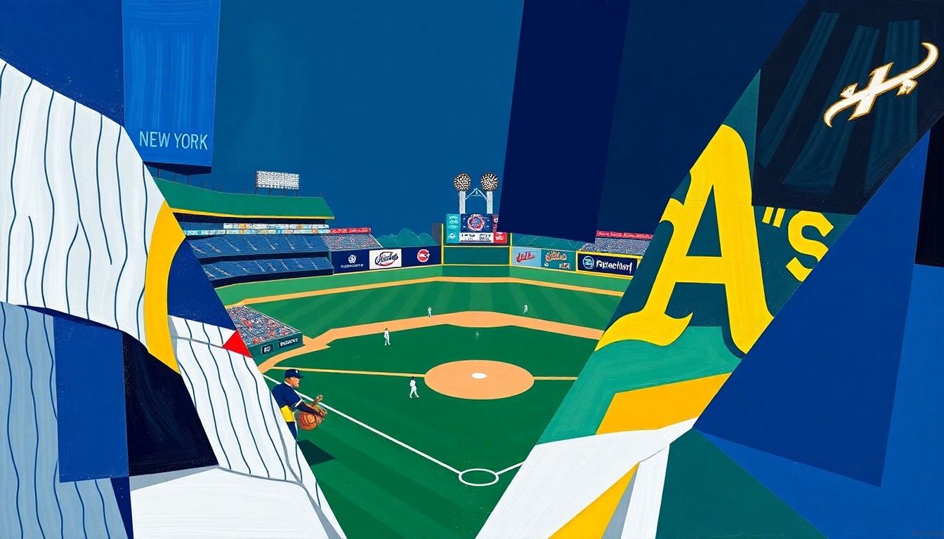 A fractured, multi-perspective painting in the style of Pablo Picasso, depicting a baseball game between the New York Yankees and Oakland Athletics. Geometric shapes in navy blue, forest green, and gold represent the players and field, creating a dynamic, abstract composition.