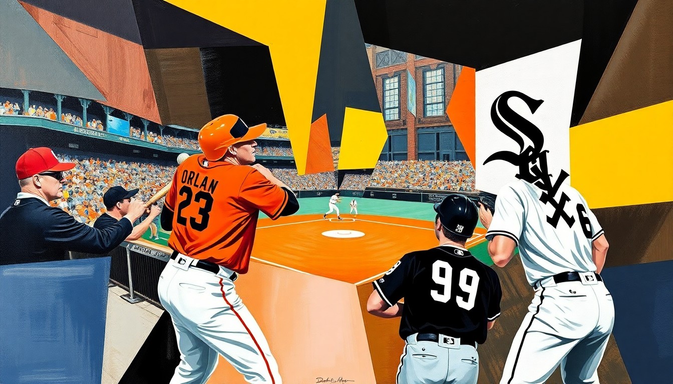 A cubist-style painting featuring overlapping geometric shapes and planes in the colors of the Orioles and White Sox uniforms, conveying the dynamic action and shifting perspectives of a baseball game.