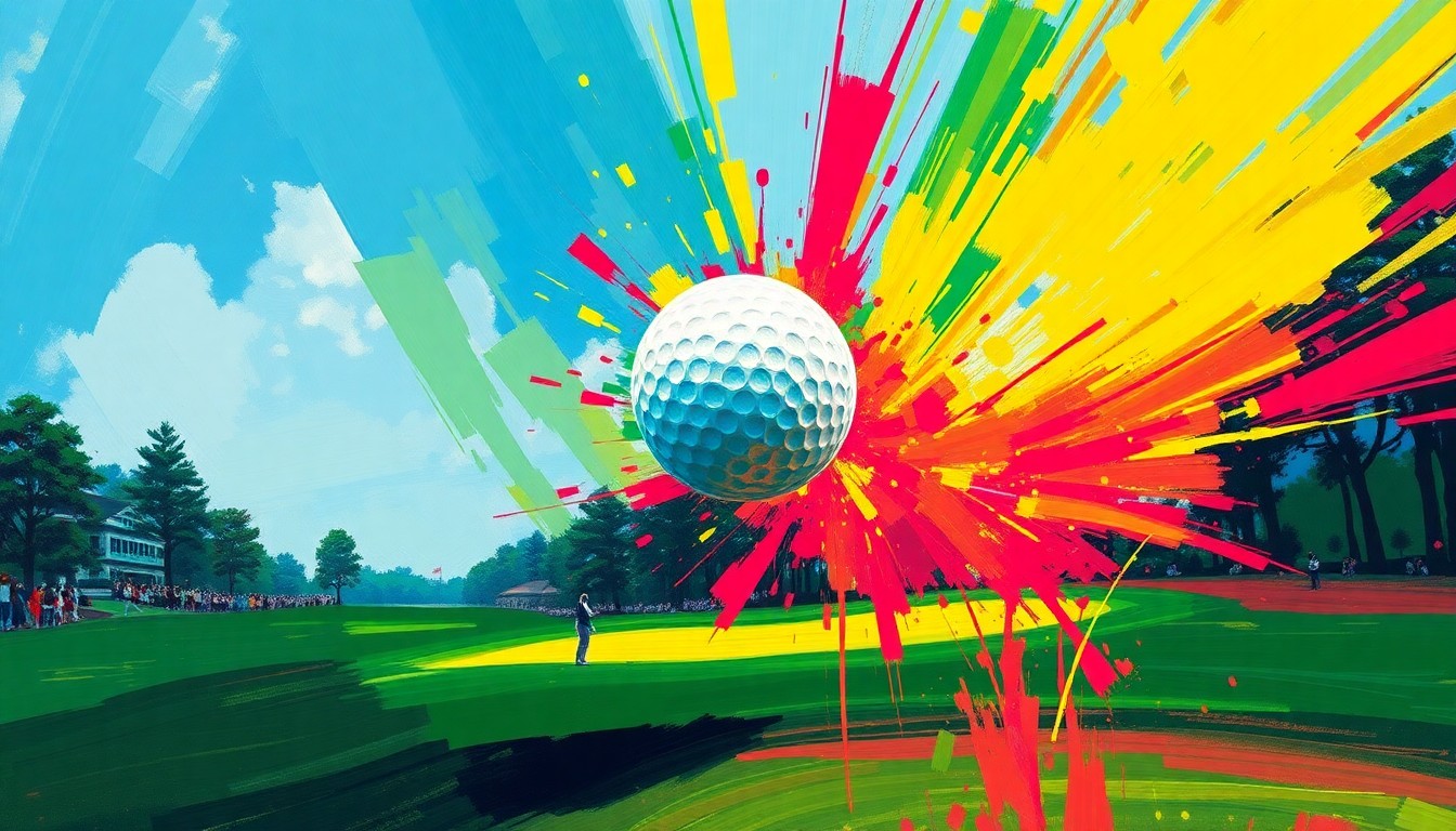 An abstract, energetic painting featuring bold strokes of neon green, yellow, and blue, capturing the dynamic motion and excitement of a golf ball flying towards the flagstick on a par-3 hole.