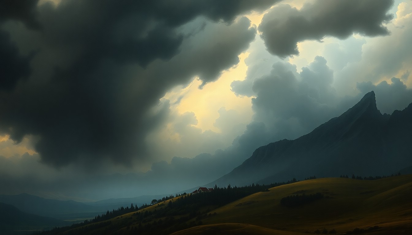 A sweeping, atmospheric landscape painting depicting a small town nestled in a valley, dwarfed by towering, foreboding storm clouds that fill the sky with an ominous, sublime presence.