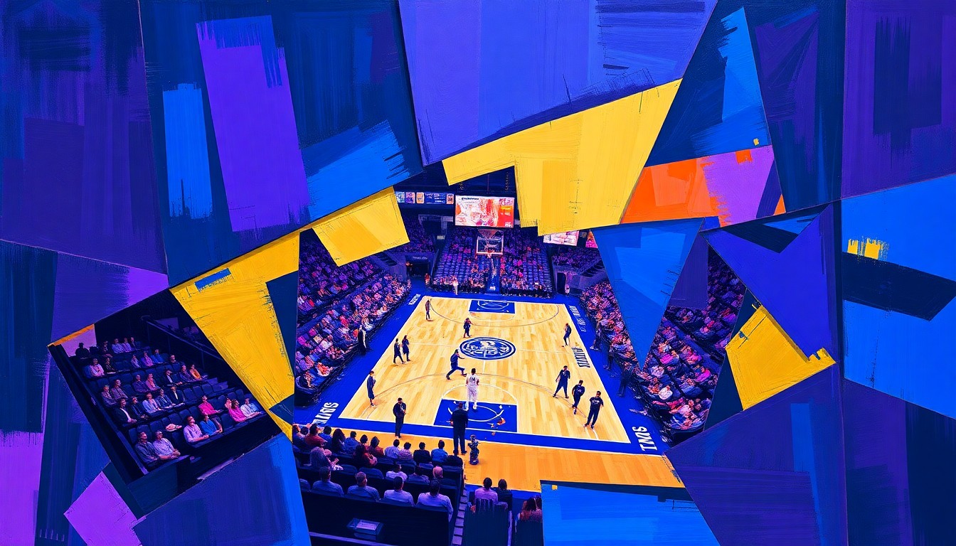 A cubist-style painting depicting a fragmented, geometric basketball game scene in shades of blue, purple, and gold, conveying the strategic nature of college basketball roster building.