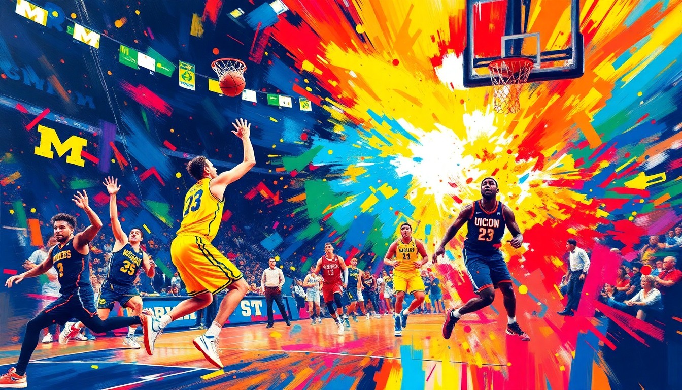 An abstract, expressionist painting in vibrant neon colors, with rapid brushstrokes capturing the intense energy and movement of a basketball game, conceptually representing the excitement and emotion of Michigan's NCAA championship victory.