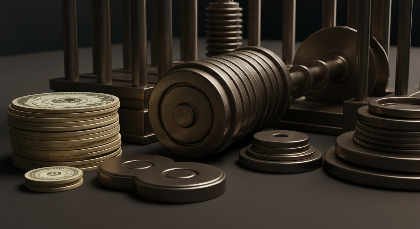 An extreme close-up of intricate gears, levers, and machinery, representing the complex financial infrastructure that underpins Pitney Bowes' business.