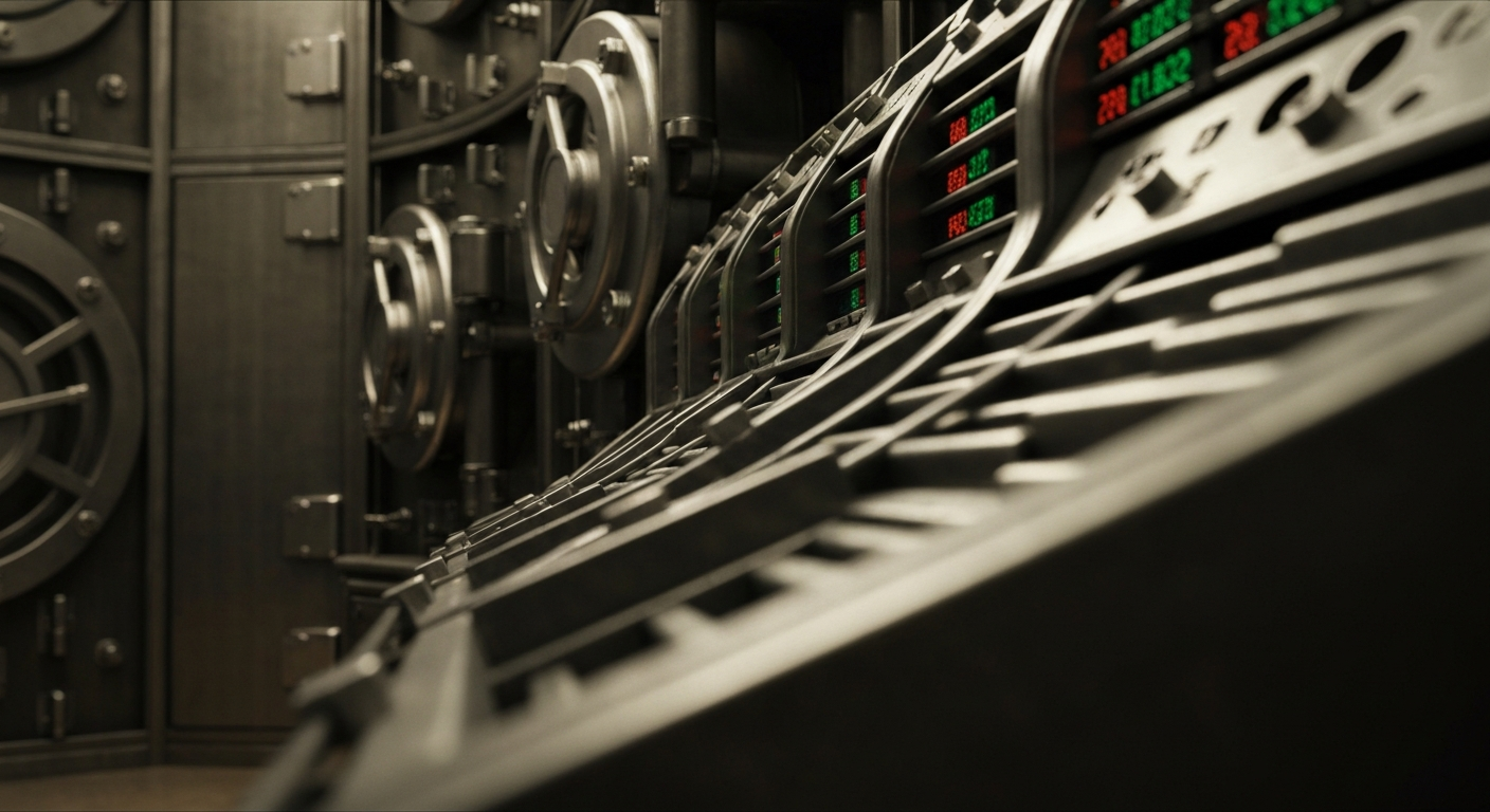 An extreme close-up of various metal gears, levers, and mechanical components that make up the inner workings of a complex financial system, conveying a sense of the heavy, tangible nature of the industry.