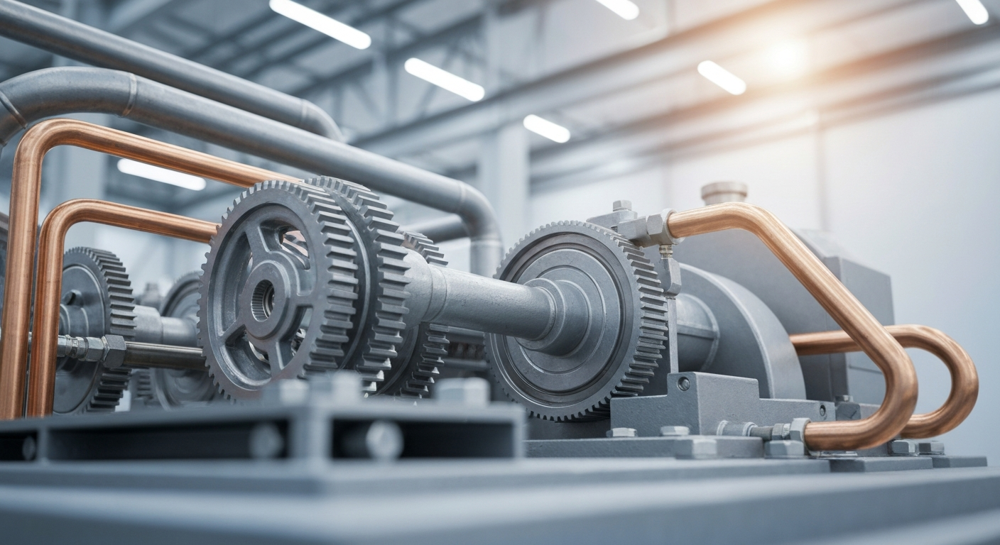 A highly detailed, black-and-white close-up image of industrial machinery and equipment, conceptually representing the complex infrastructure of the energy sector.