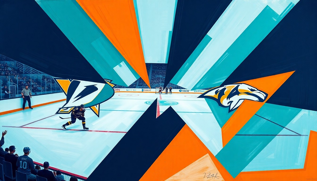 A fractured, cubist-style painting depicting the action of a hockey game, with players and the puck broken down into sharp geometric shapes and planes of teal, orange, and navy blue.