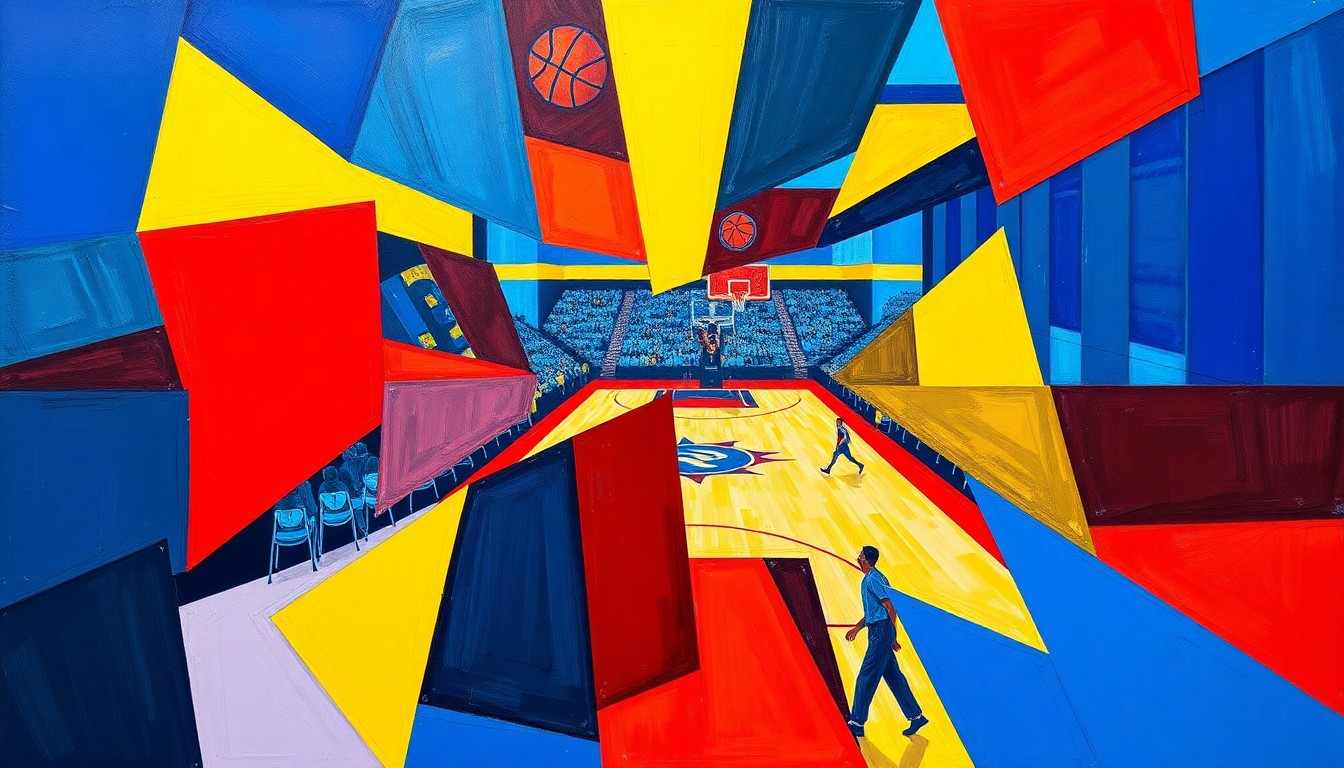A fractured, cubist-style painting depicting the action of a college basketball game, with players and the court broken down into sharp, overlapping geometric shapes in vibrant colors like blue, red, and yellow, conveying the dynamic energy of the sport.