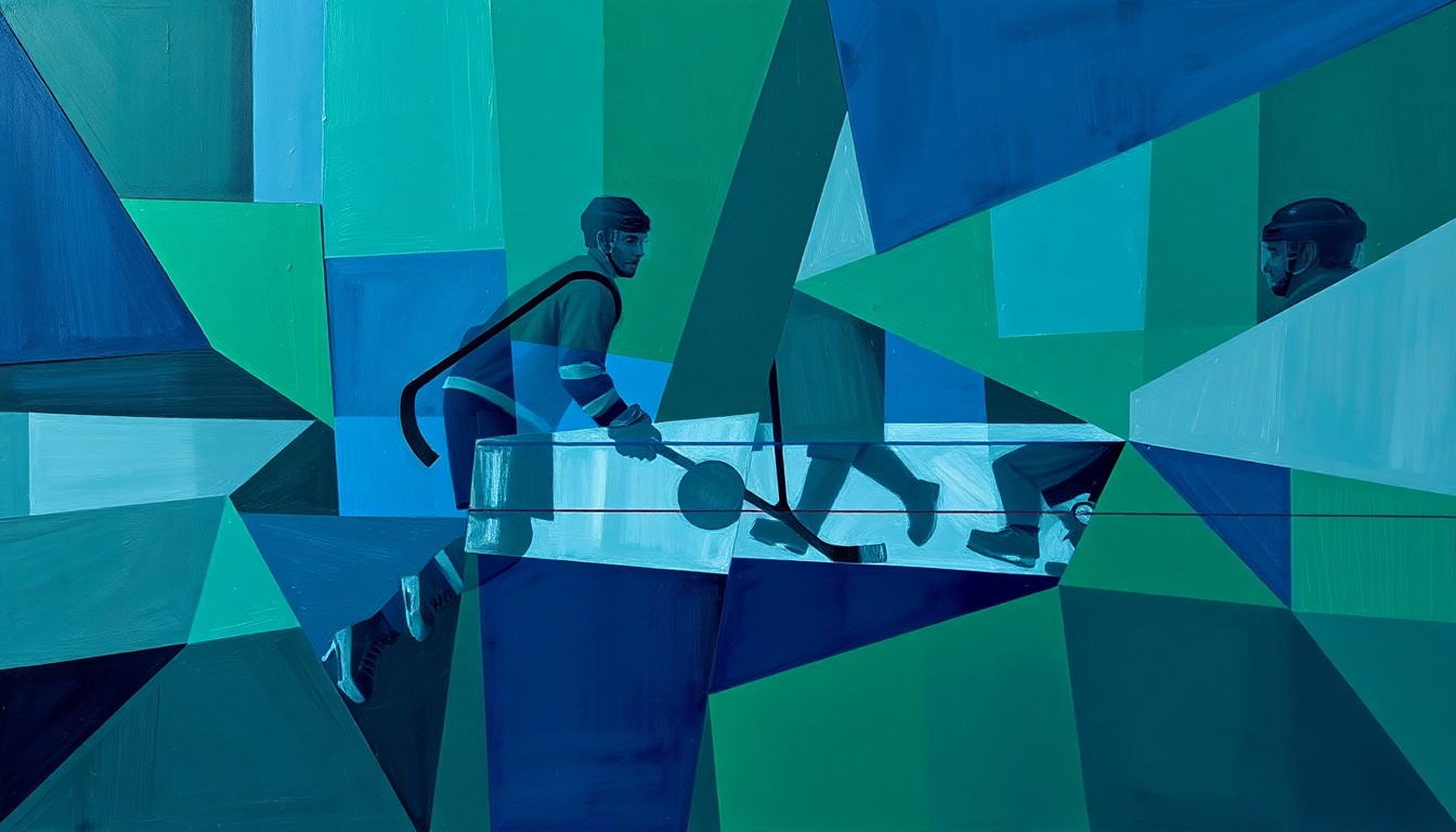 A cubist, geometric painting depicting fragmented, overlapping shapes and planes in navy, green, and gray, conceptually representing the strategic shift in the Islanders' coaching staff.