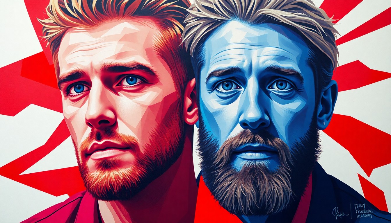 A dynamic, abstract painting featuring the overlapping, fragmented faces of Jake Paul and Charlie Kirk in a swirling composition of bold, patriotic colors, conveying the turbulent political climate and the potential rise and fall of influential figures.